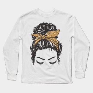 Messy Bun Girl Brown Paisley Bandana Long Sleeve T-Shirt